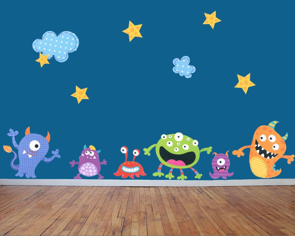 Vibrant monster wall decals for kids' rooms, removable and repositionable without residue, ideal for imaginative decor.