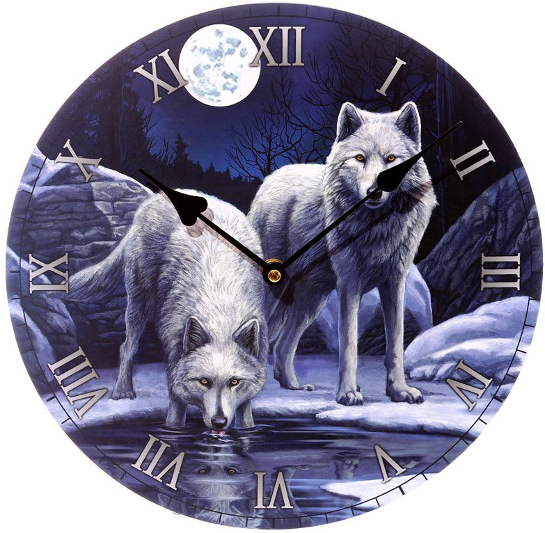 Wall clock featuring Lisa Parker's 'Warriors Of Winter' design, 30cm wooden, ready to hang, ideal for decor and gifts.