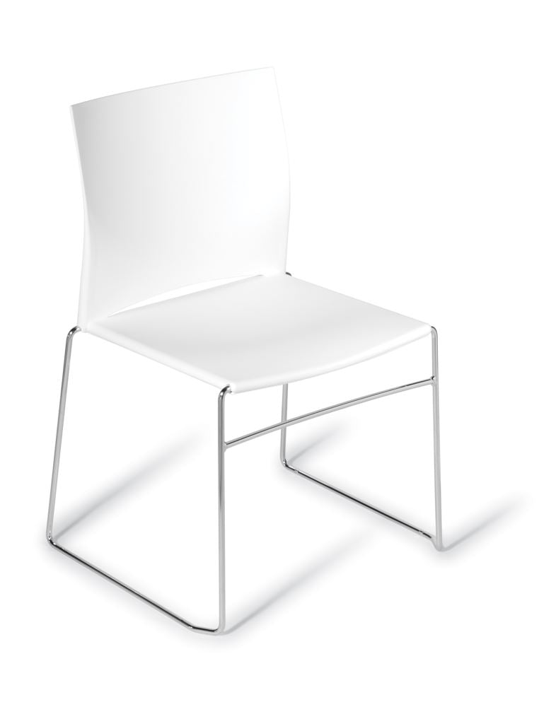 Modern white Chrome Frame Chair featuring a durable design, ergonomic comfort, and stackable feature for versatile spaces.