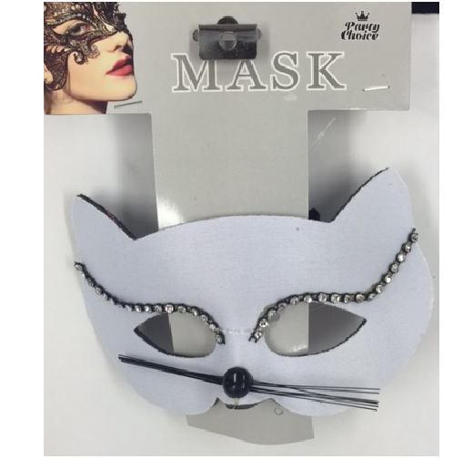 White Cat Lady masquerade mask with sparkling diamantes and black satin ribbon, perfect for stylish costume events.
