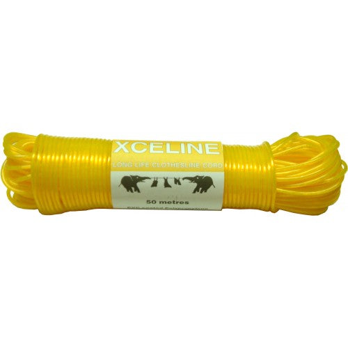Durable 50m yellow polypropylene clothesline, 3.5mm thick, ideal for outdoor drying and stylish visibility.