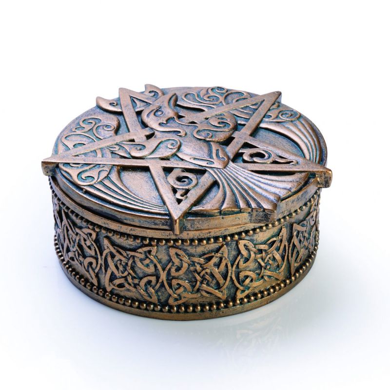 Antique gold trinket box with an intricate pentacle design, perfect for storing jewelry and magical keepsakes.