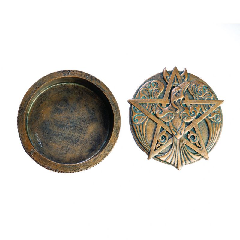 Antique gold trinket box with an intricate pentacle design, perfect for storing jewelry and mystical keepsakes.