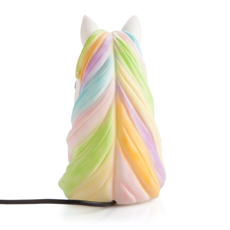 Cute unicorn table lamp with a rainbow mane, providing a soft glow for kids' rooms at 23.8cm tall.