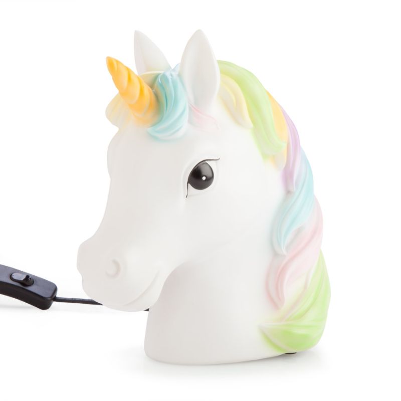 Pretty Unicorn Table Lamp featuring a white unicorn and rainbow mane, providing a soft glow for kids’ rooms.