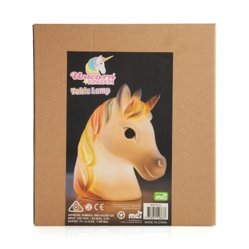 Pretty Unicorn Table Lamp featuring a white unicorn with a rainbow mane, provides soft glow for children's rooms.