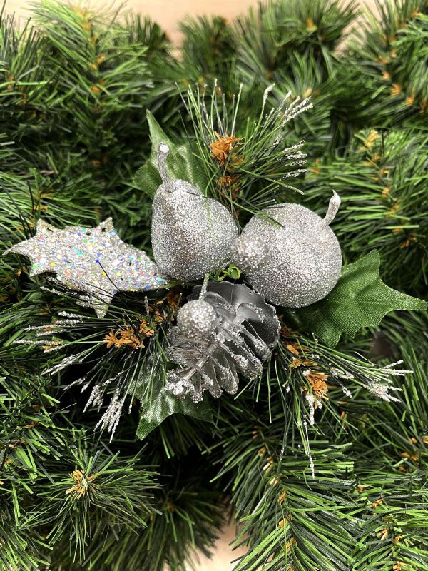 Artificial Xmas Glitter Pick with apple, pear, and cone in shimmering silver, perfect for festive decor and holiday arrangements.
