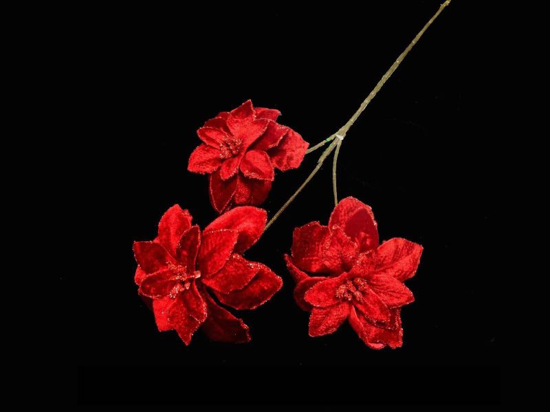 Artificia Glitter Poinsettia Spray featuring three vibrant red velvet flowers, perfect for elegant holiday decor.