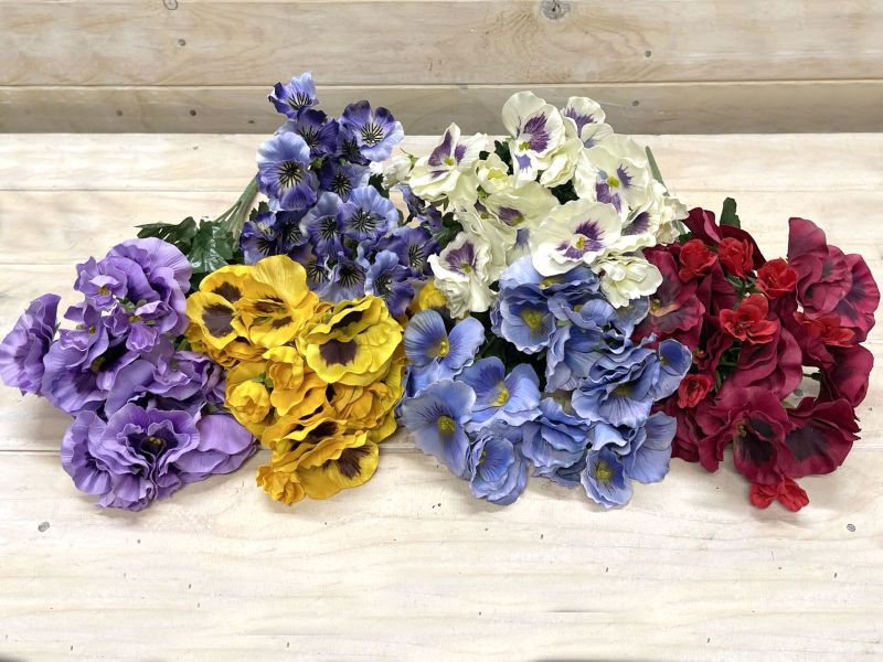 Vibrant assorted artificial pansy bush, perfect for home decor, office spaces, and events with no maintenance needed.