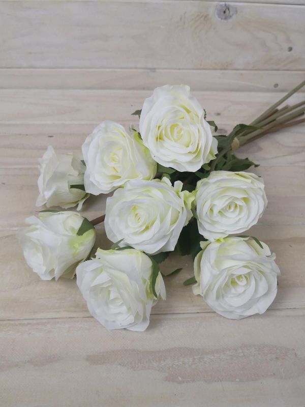 Artificial white rose bud bundle with 8 lifelike flowers, perfect for elegant decor and lasting beauty without maintenance.