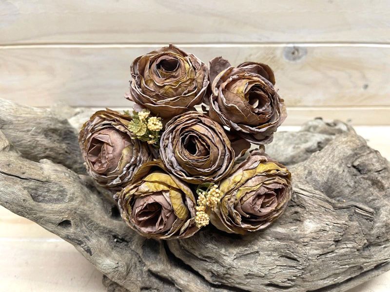 Artificial rose posies in rich coffee hue, featuring 6 lifelike flowers, perfect for elegant home decor without maintenance.