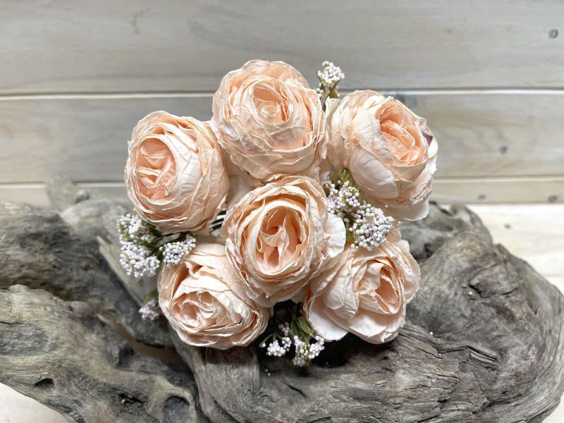 Artificial peach rose posies in a dry look, featuring 6 lifelike flowers for stylish, low-maintenance home decor.
