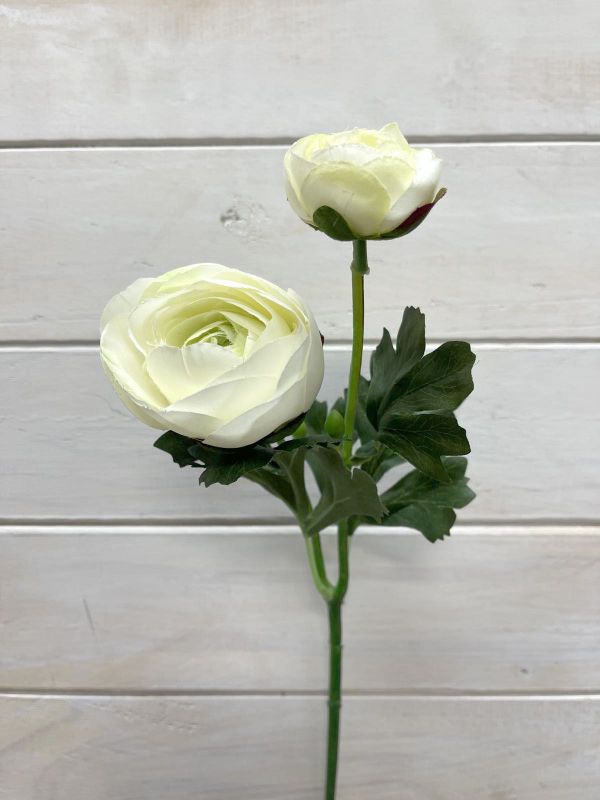 Lifelike white artificial ranunculus stem with a realistic bud, perfect for elegant, low-maintenance decor.