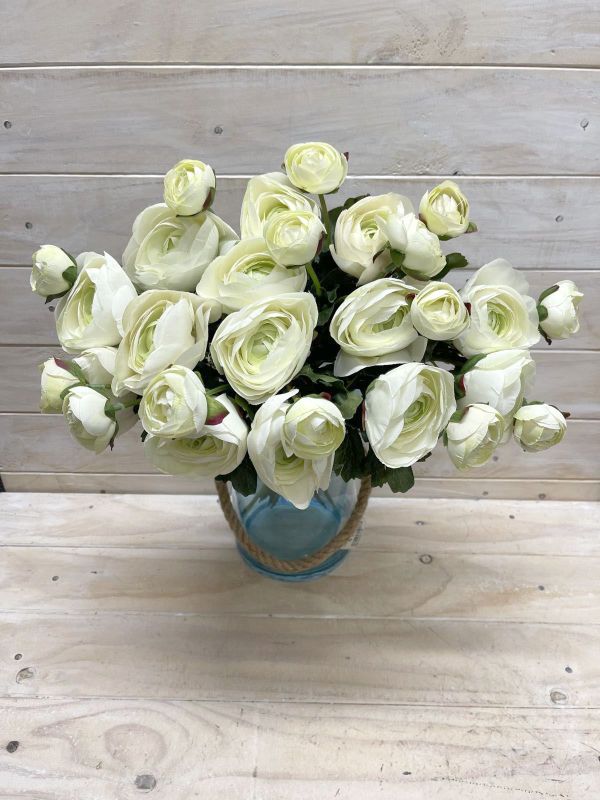 Lifelike white artificial ranunculus stem with bud, perfect for elegant, low-maintenance decor in any setting.