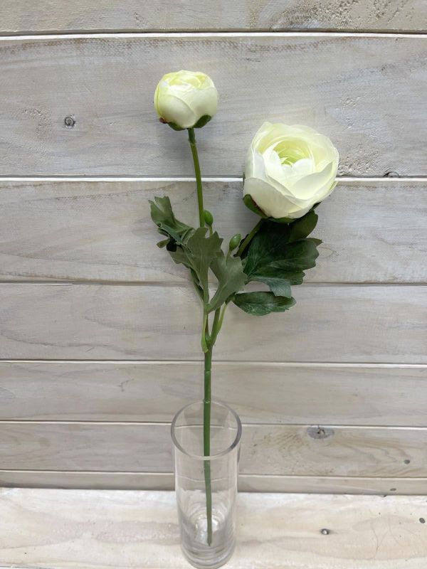 Lifelike white artificial ranunculus stem with bud, perfect for elegant, low-maintenance floral decor.