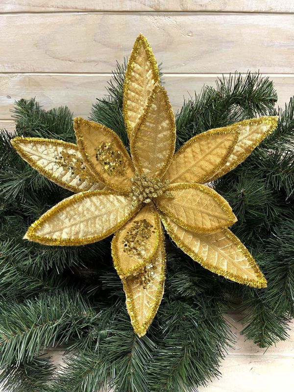 Stunning gold artificial poinsettia with long petals, perfect for holiday decor and elegant arrangements.