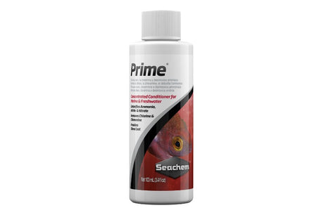 Seachem Prime 100mL bottle, a powerful water conditioner for fresh and saltwater aquariums, detoxifies harmful substances.