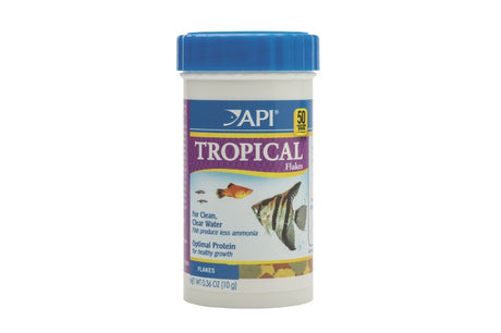 API Tropical Flakes 10g, nutrient-rich fish food for Angelfish, Tetras, and Barbs, promoting vibrant health and cleaner water.