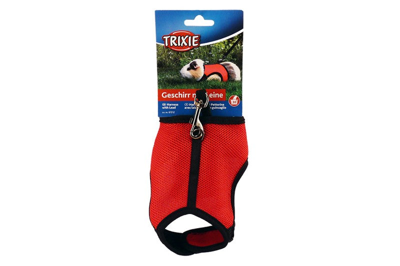 Soft padded harness for guinea pigs, featuring a secure fit, durable mesh, and 1.2m elastic lead in vibrant colors.