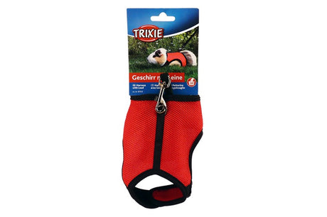 Soft padded harness for guinea pigs, featuring a secure fit, durable mesh, and 1.2m elastic lead in vibrant colors.