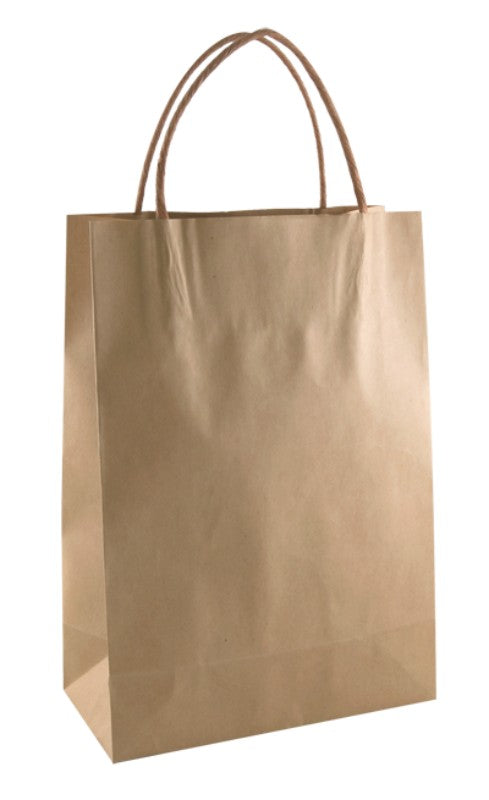 Eco-friendly brown kraft paper bags with twist handles, 29x20cm, perfect for retail and packaging needs. 250 bags per case.