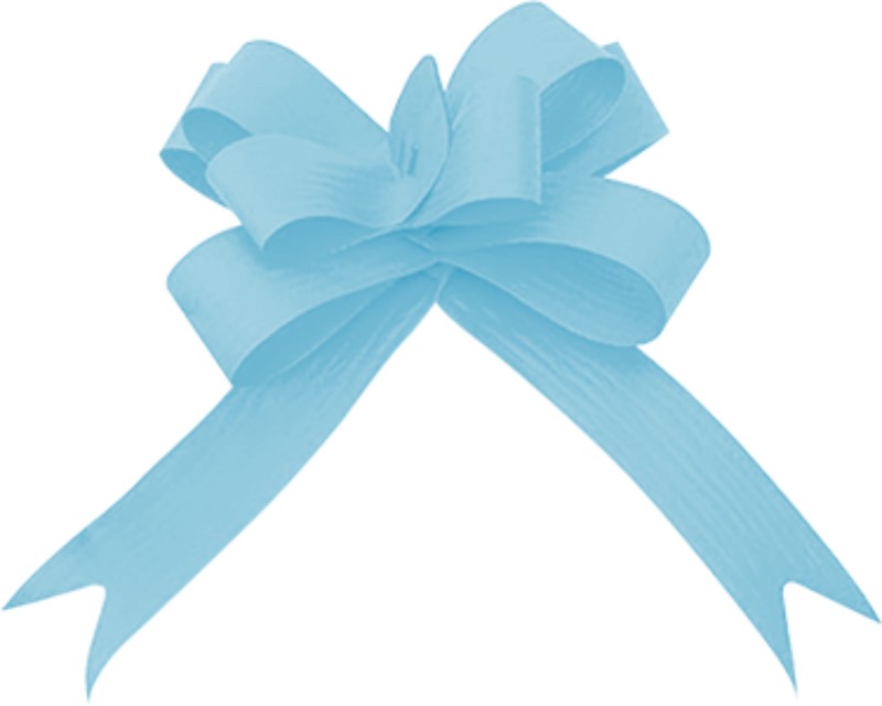 Pale blue pull bows in a bulk pack of 100, designed for effortless gift wrapping with a simple pull string mechanism.