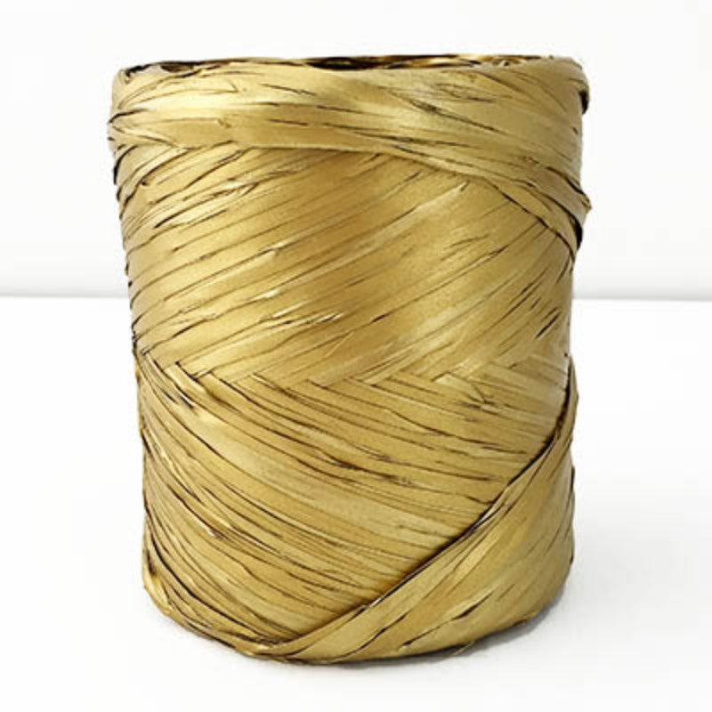 Luxurious gold poly raffia, 5mm wide and 200m long, perfect for crafting, decorating, and gift wrapping.