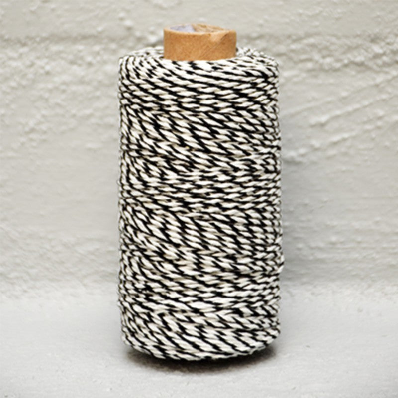 Black and white bakers twine, 2mm thickness, 100 meters long, perfect for gift wrapping and crafts.
