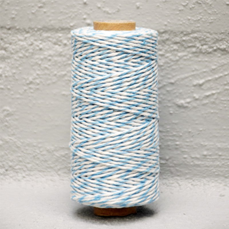 Pastel blue and white 2mm bakers twine, 100m long, ideal for gift wrapping, crafting, and eco-friendly DIY projects.