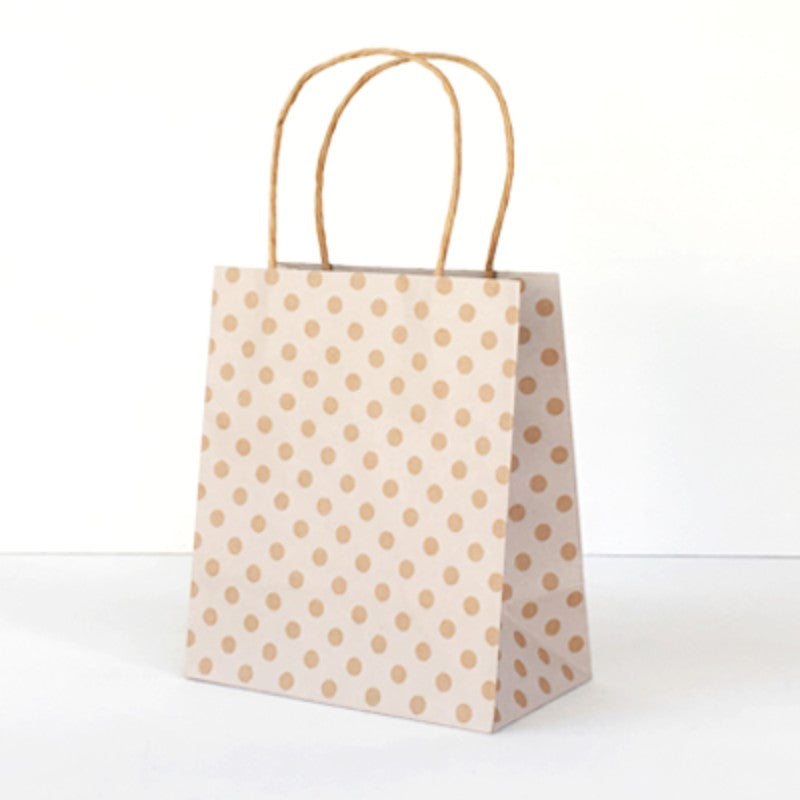 Eco-friendly white spot kraft paper bags for toddlers, 100 count, perfect for parties, gifts, and small toys.