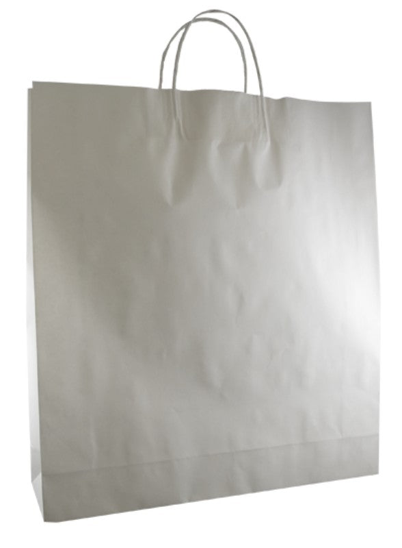 White kraft paper bags with strong twist handles, 50x45cm size, ideal for retail and eco-friendly packaging. Pack of 250.
