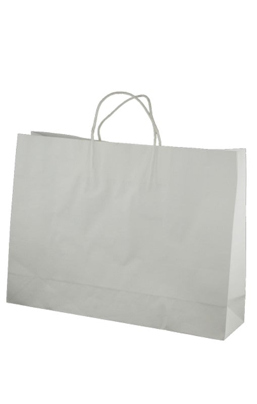 Durable white paper bags with twist handles, 42x31cm size, eco-friendly and ideal for retail and special events.