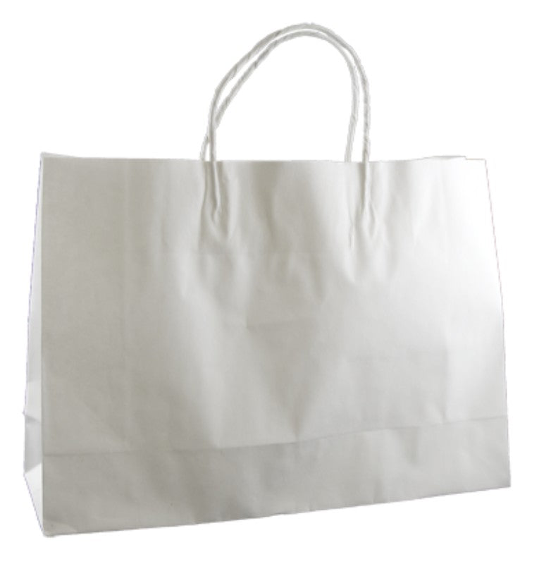 Sturdy white paper bags with twist handles, 25x35cm, 11cm gusset, eco-friendly, 250 bags in a case for retail and events.