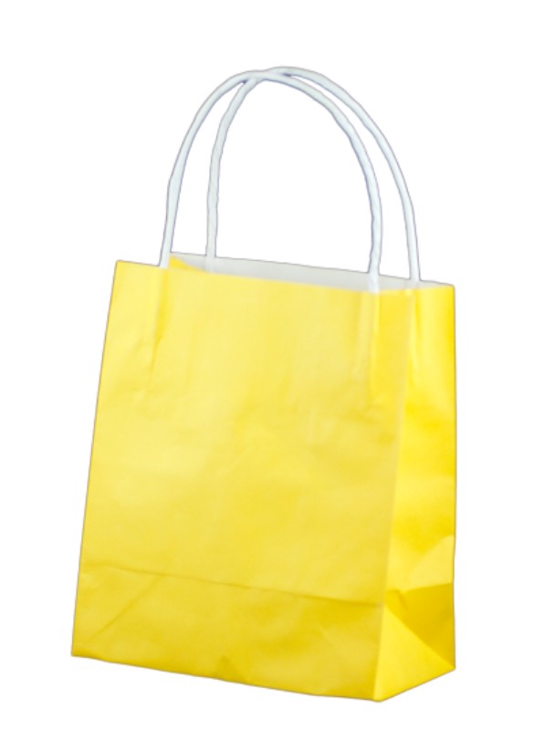 Vibrant yellow paper bags with twist handles, perfect for gifts and parties, measuring 35x26cm with 9cm gusset. Pack of 250.