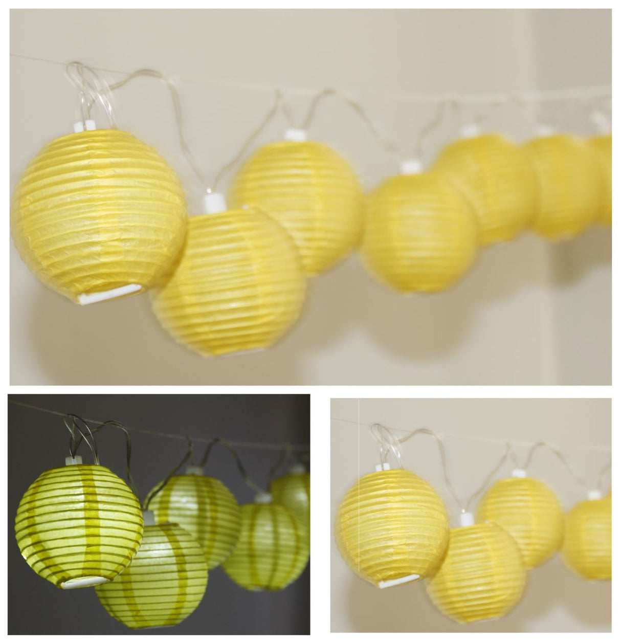 Vibrant yellow mini paper lanterns with LED lights, perfect for creating a whimsical atmosphere for any celebration.