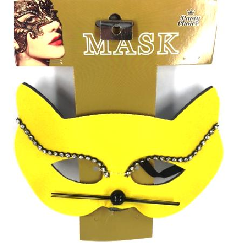 Yellow Cat Lady masquerade mask adorned with diamantes, secured with a black satin ribbon for comfort and style.