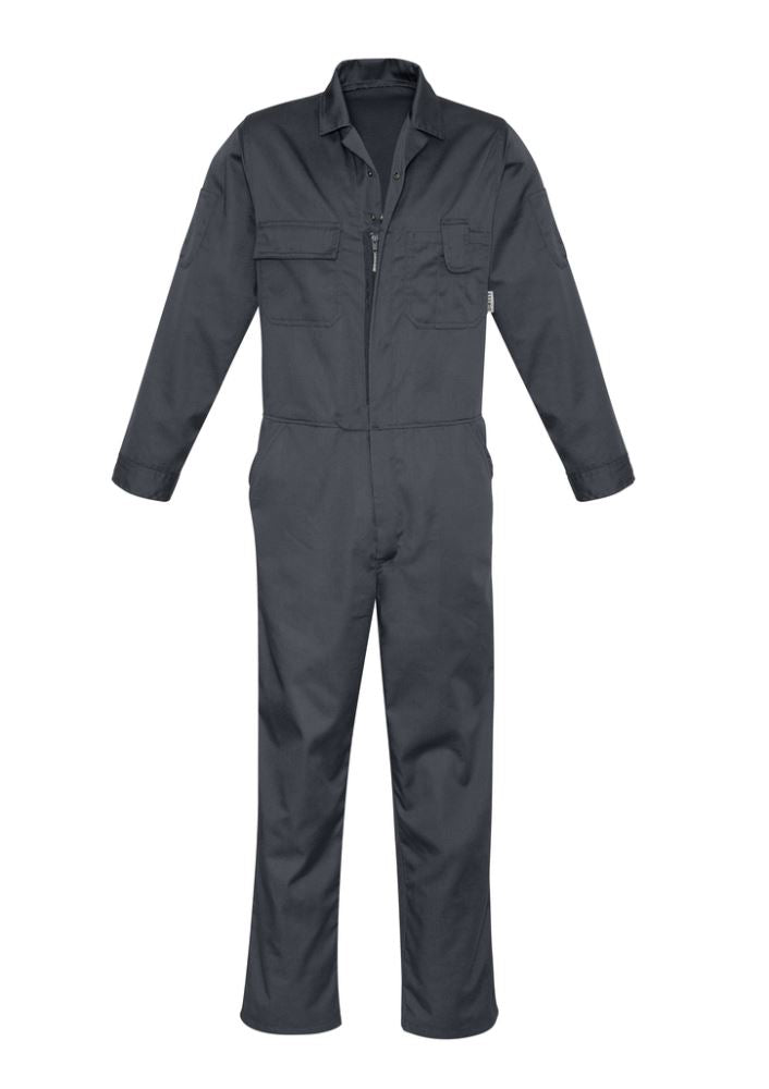 Men's Charcoal Overall by Syzmik featuring durable poly-cotton fabric, elastic back, multiple pockets, and adjustable cuffs for comfort.