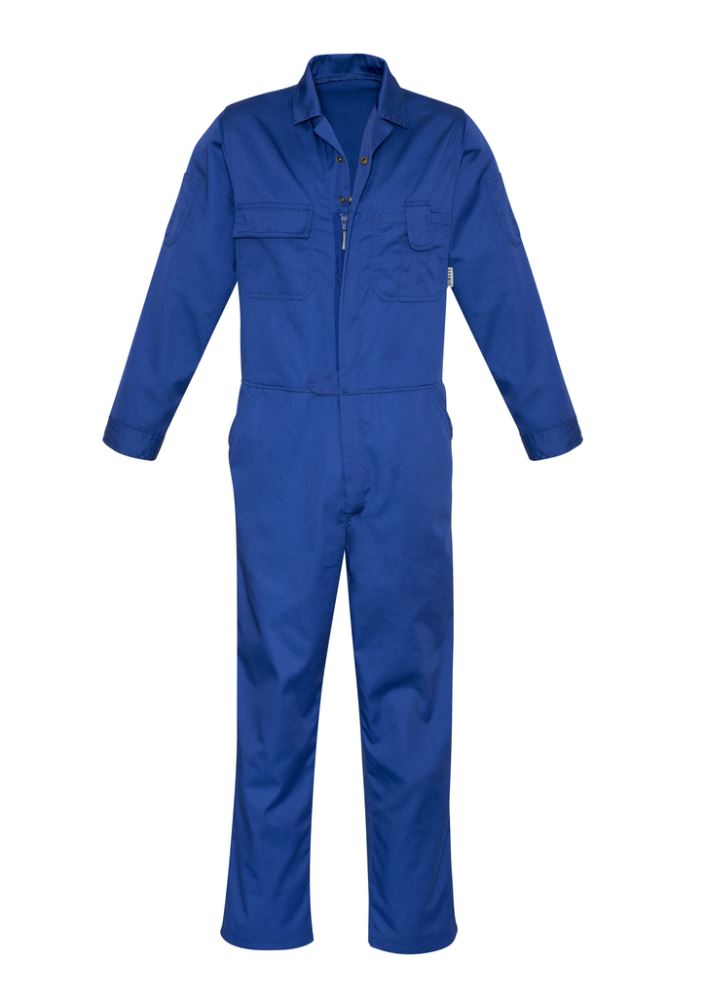 Durable royal blue men's overall with elastic back, two-way zip, multiple pockets, and heavy-duty studs for tradesmen.