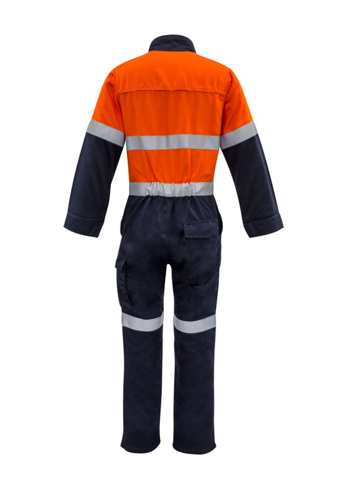 Men's FR Taped Spliced Overall in orange and navy, featuring breathable fabric, safety closures, and ample pockets for workwear utility.