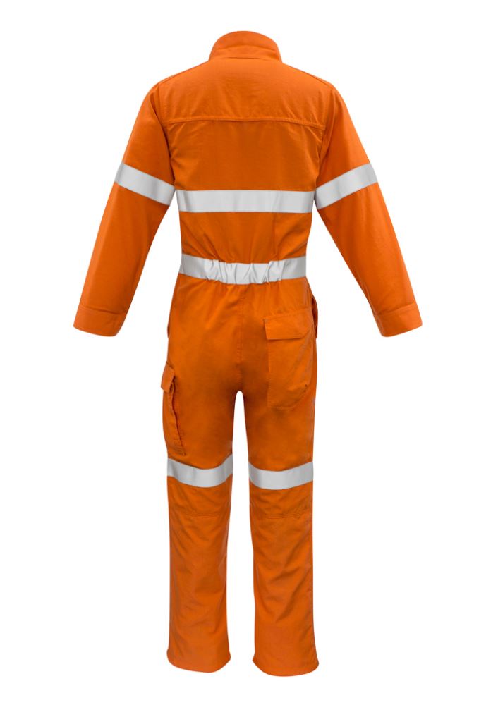 Orange FR Hoop Taped Overall by Syzmik, featuring lightweight fire-resistant material, multiple pockets, and vented areas for comfort.