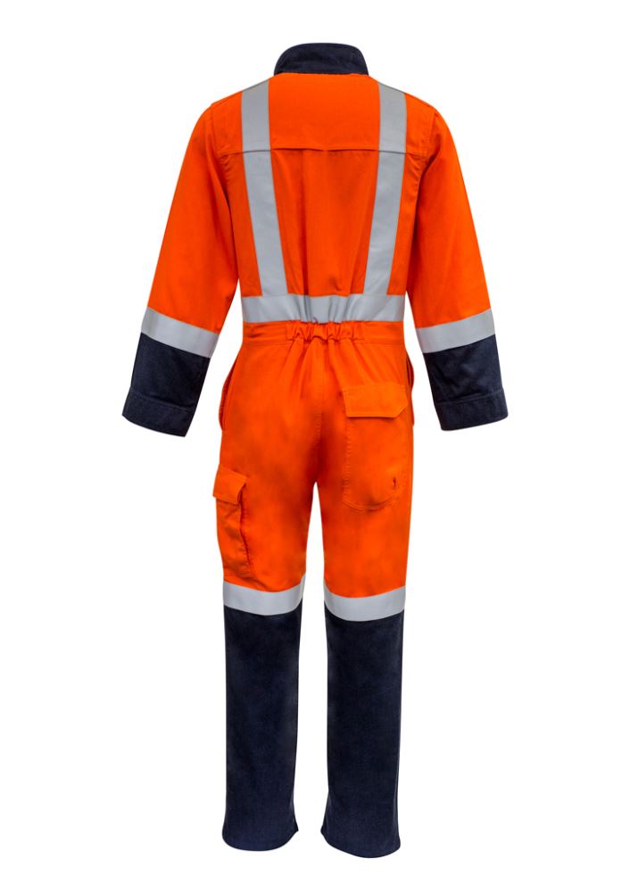 Men's orange and navy FR overalls by Syzmik, featuring breathable Modatech® fabric, multiple pockets, and heat protection.