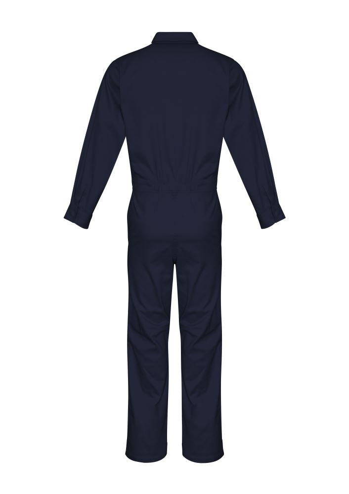 Men's navy overall made of lightweight cotton drill, featuring multiple pockets and a zippered front for durability and comfort.