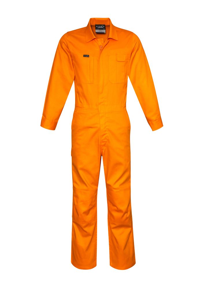 Bright orange lightweight cotton drill overall for men with multiple pockets and zipper closure, ideal for work or outdoor use.