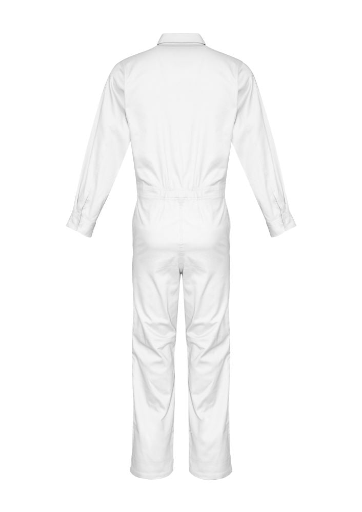 Lightweight white cotton drill overalls with multiple pockets and zipper front, ideal for tradesmen and outdoor work.