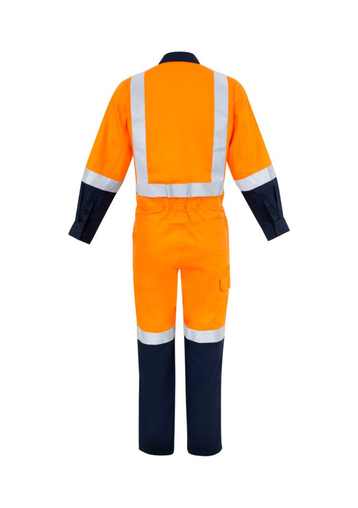 Men's orange and navy cotton overall featuring multiple pockets, durable design, and lightweight fabric ideal for work.