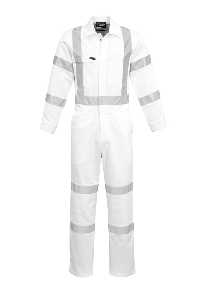 Men's white Bio Motion X-Back Overall by Syzmik, featuring high visibility, durable cotton, and multiple functional pockets.