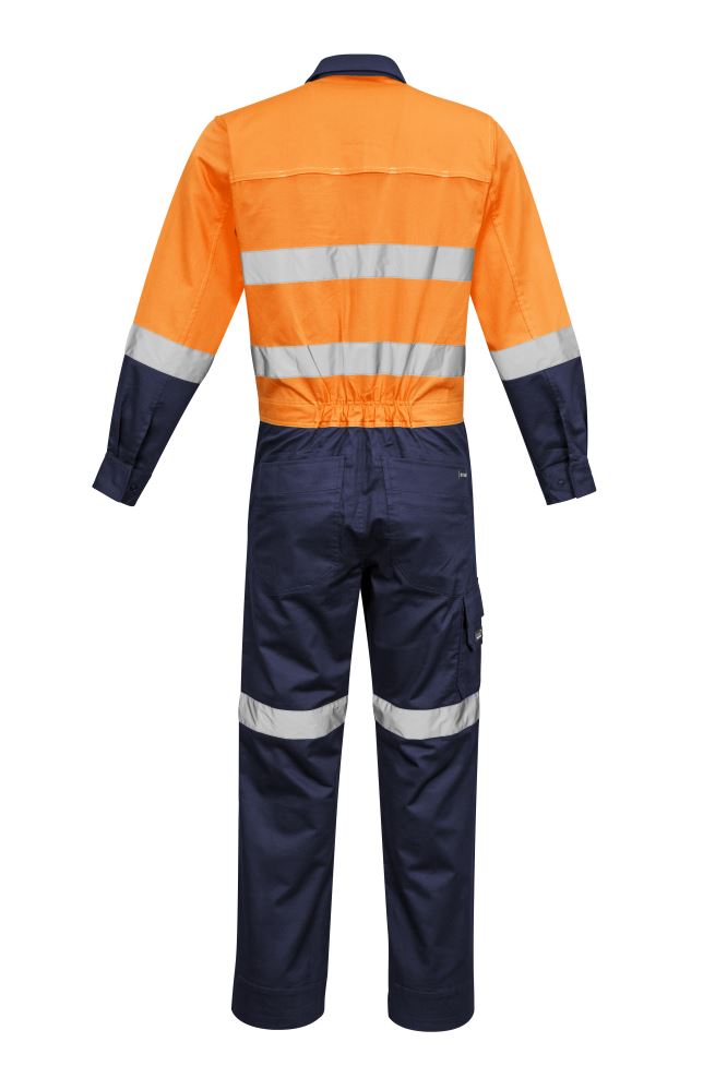 Men's rugged orange/navy cooling overalls featuring breathable fabric, mechanical stretch, multiple pockets, and reflective tape for safety.