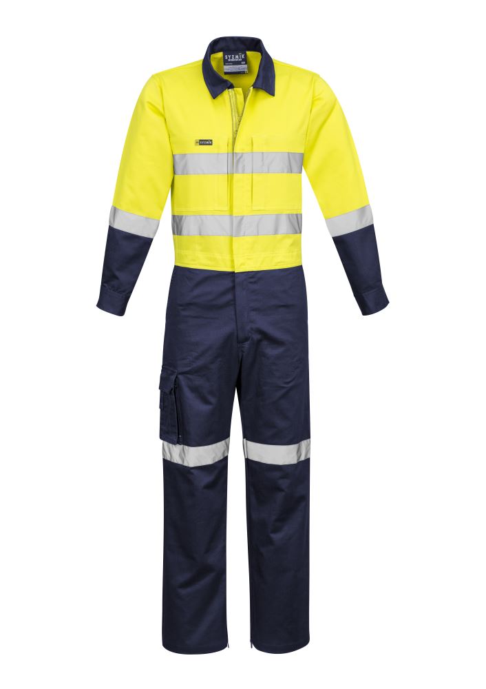 Men's rugged yellow/navy cooling overall with breathable fabric, reflective safety tape, and practical pockets for work use.