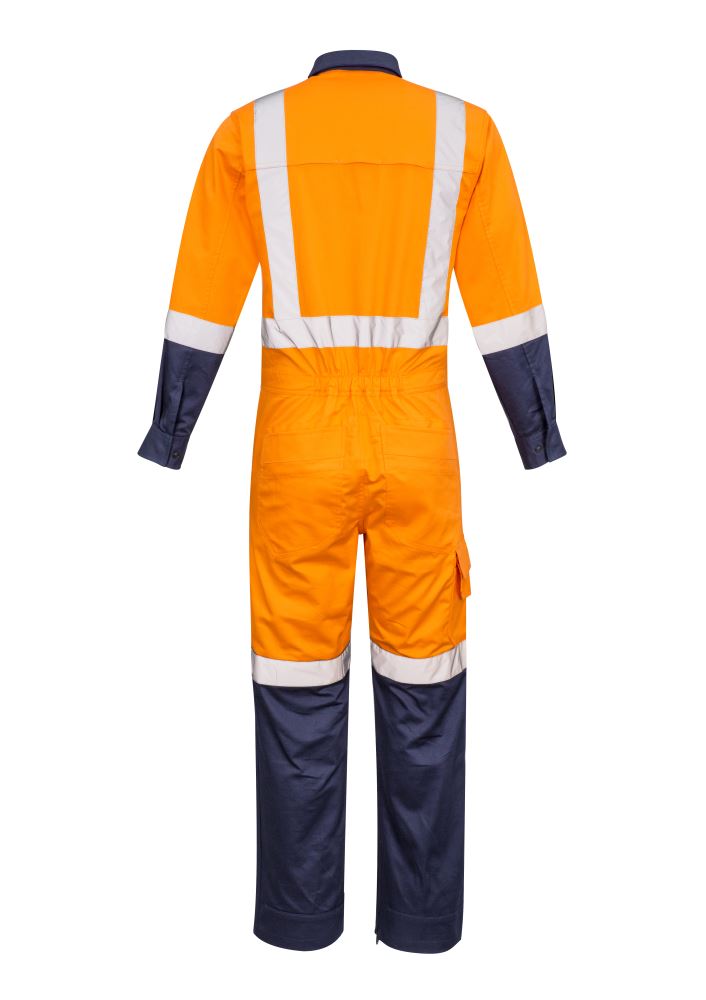 Men's orange and navy rugged cooling overalls by Syzmik, featuring breathable fabric, mechanical stretch, and reflective safety tape.
