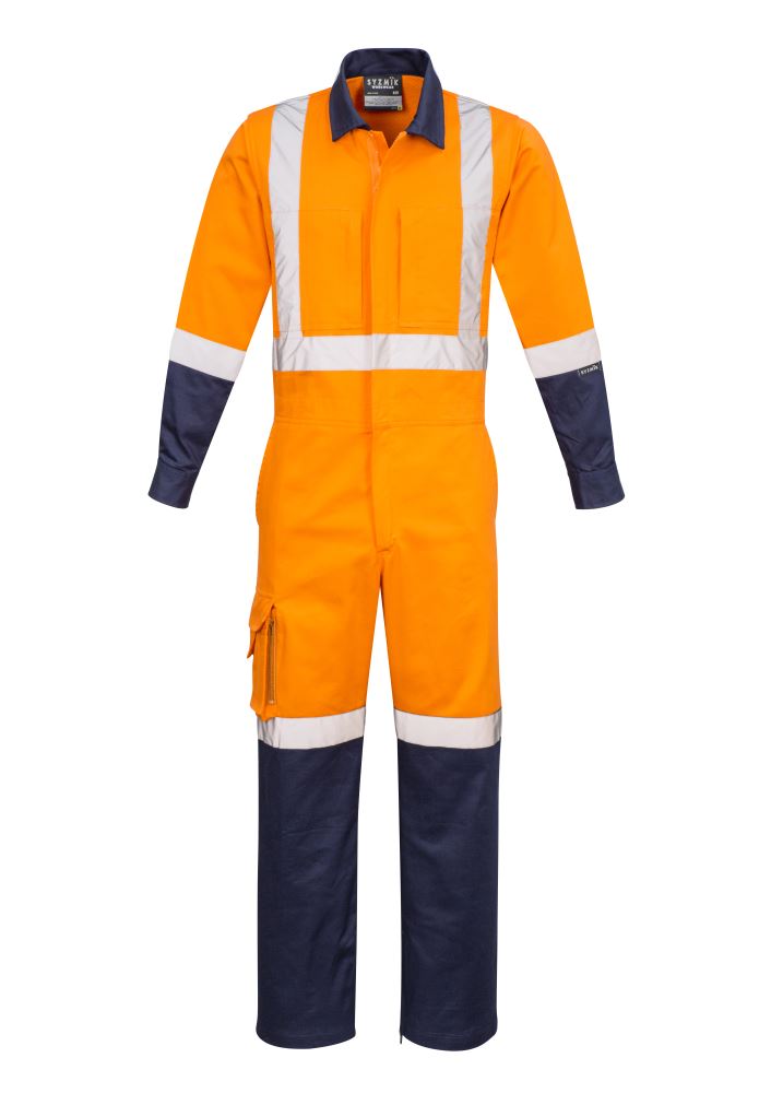 Men’s Rugged Cooling TTMC W Overall in orange and navy, featuring breathable cotton ripstop, venting, and reflective safety tape.